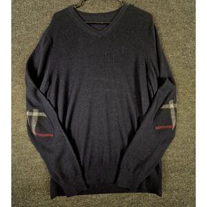 Burberry Mens Navy Blue Casual V Neck Sweater Novacheck Elbow Patch Cashmere